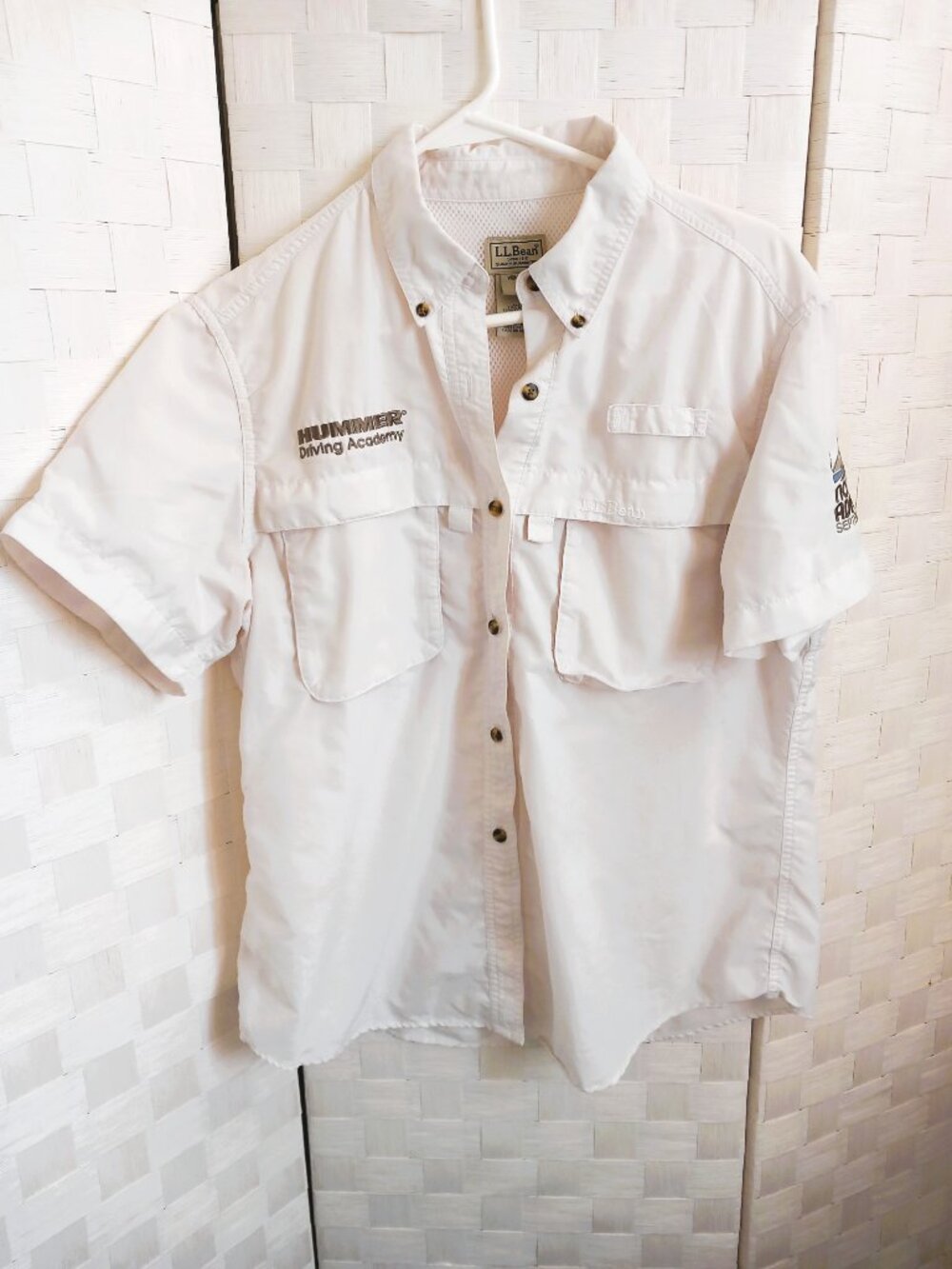 White Short Sleeve Button Down Hummer Driving Academy L.L. Bean Shirt